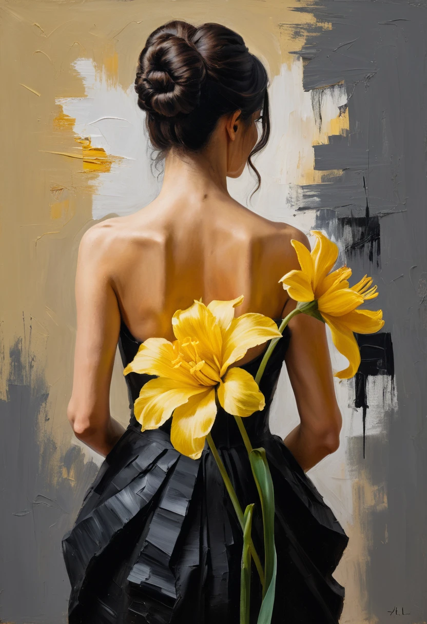 Mujer con vestido negro sosteniendo narcisos en pintura al óleo texturizada