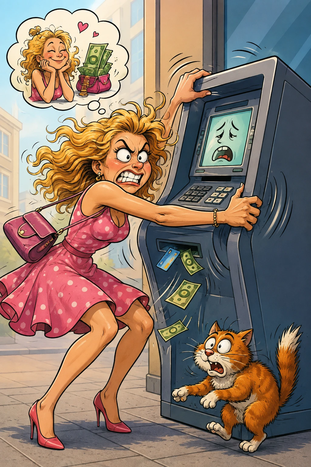 Cartoon woman shaking an ATM in comic illustration style