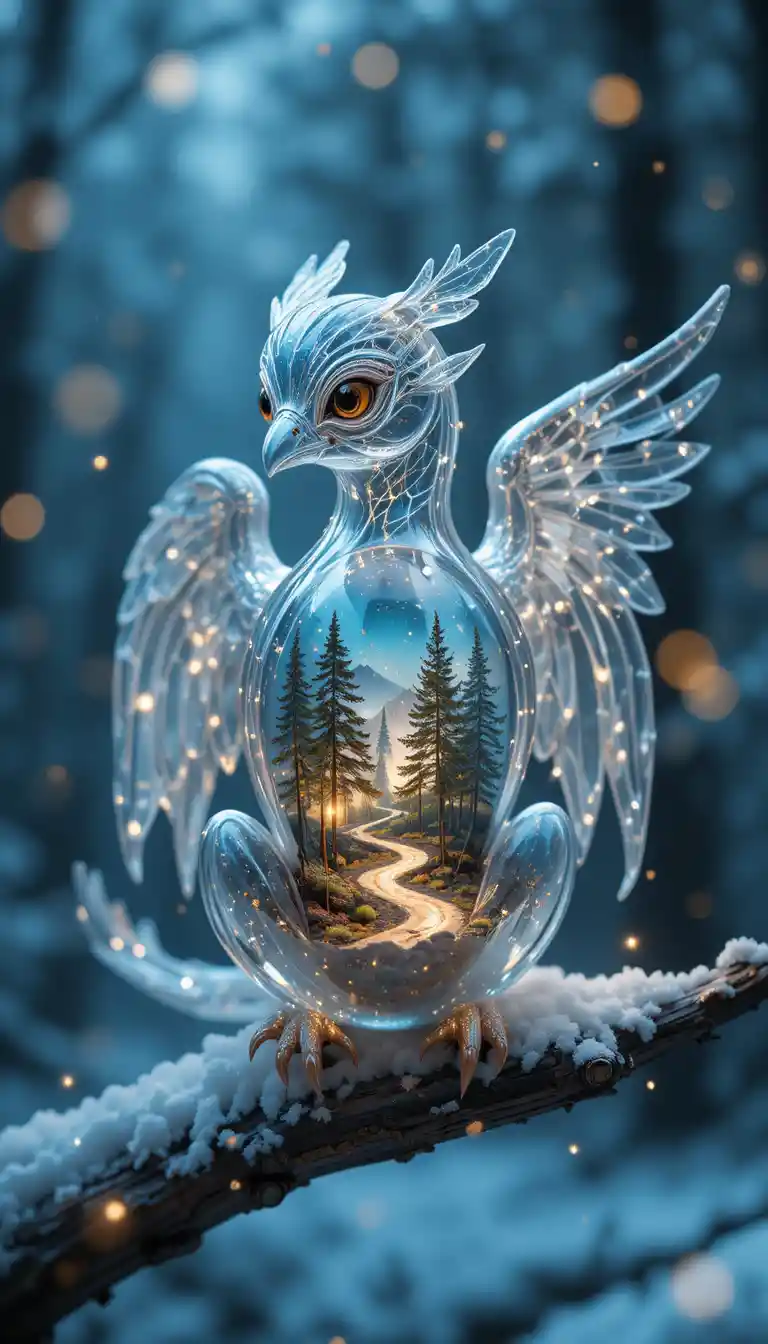 Glasgreif auf einem verschneiten Ast im Winterwald