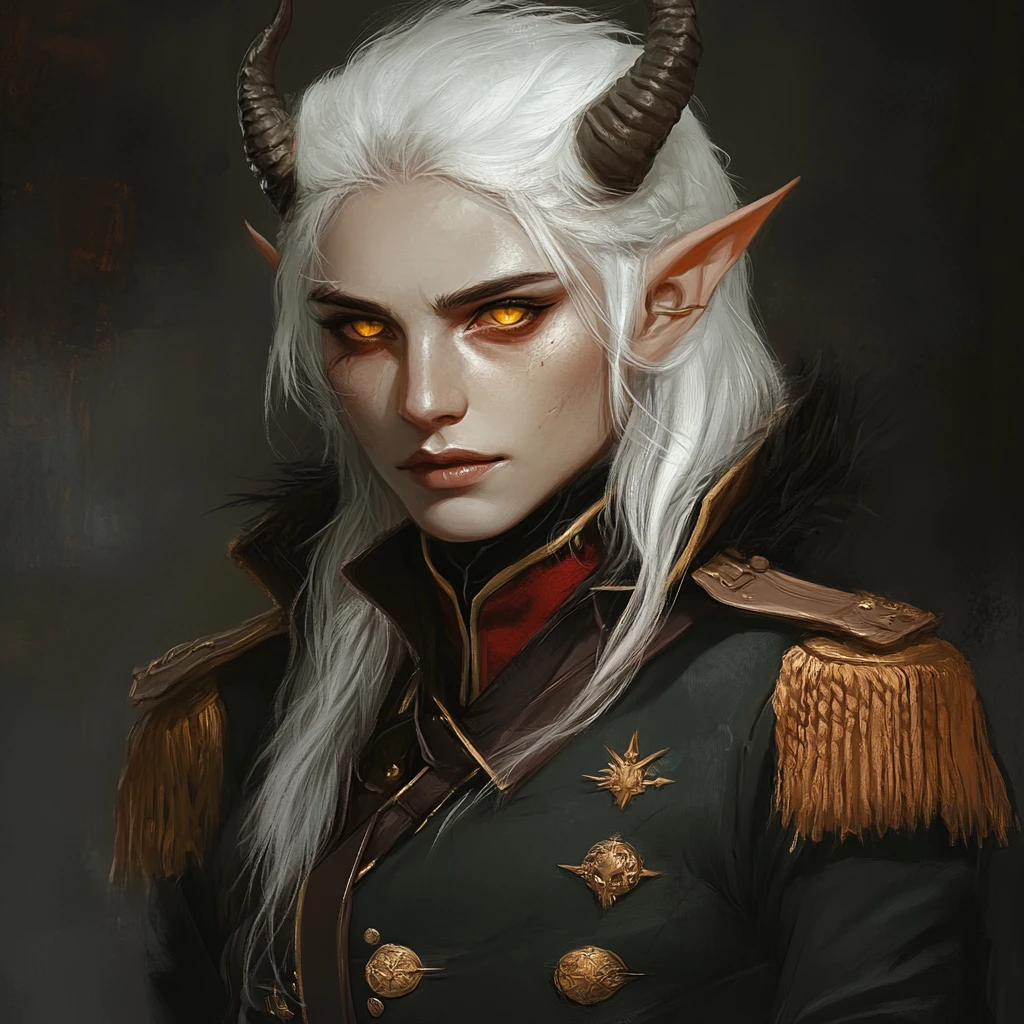 Mago tiefling de pelo blanco con abrigo de uniforme militar