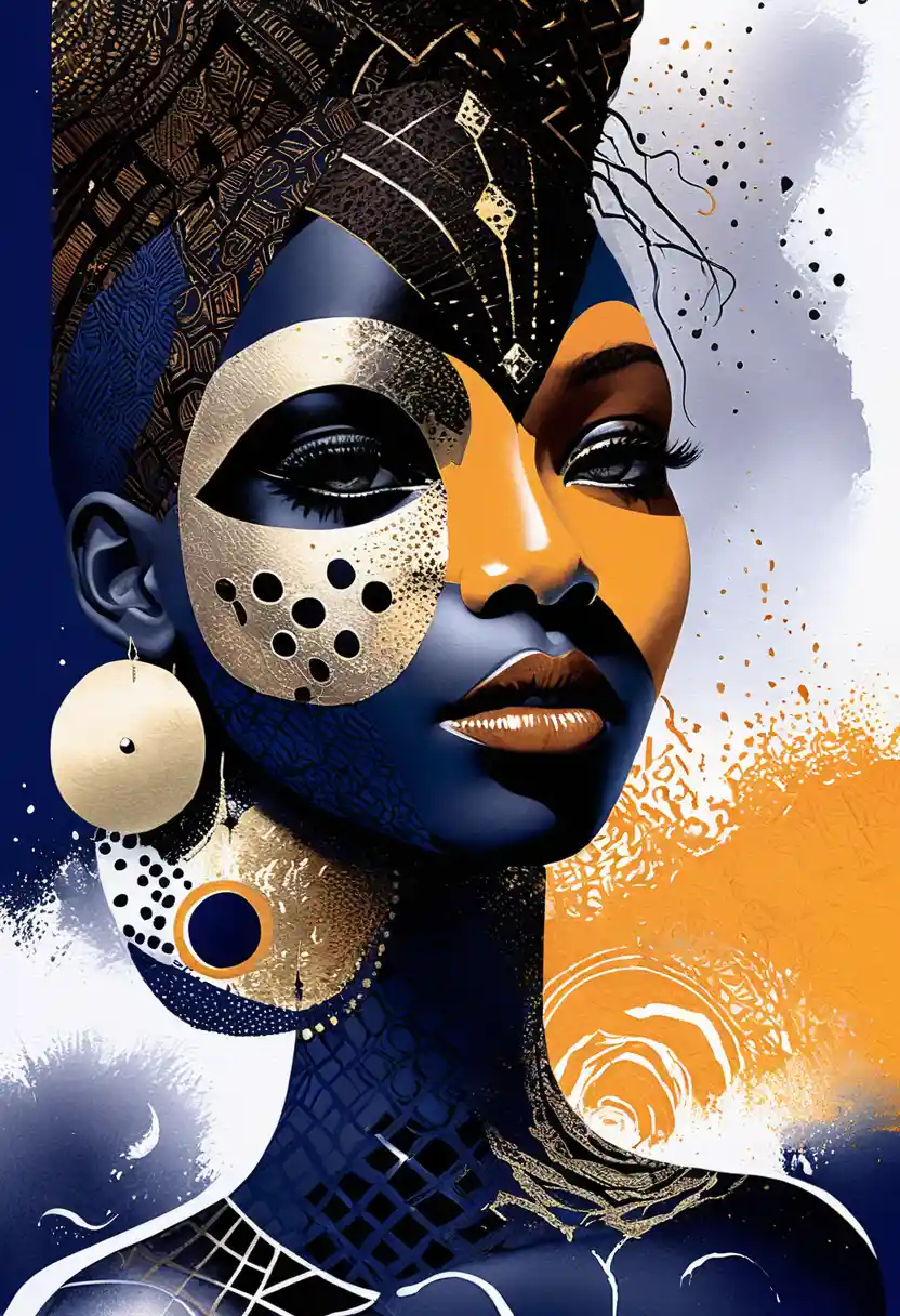 Retrato negro abstrato surreal com símbolos tribais afrocentristas