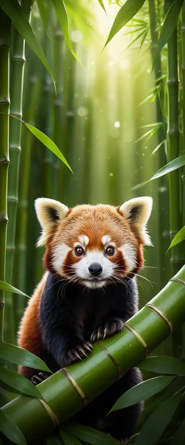 Süßer roter Panda unter einem leuchtenden Blatt im Bambuswald