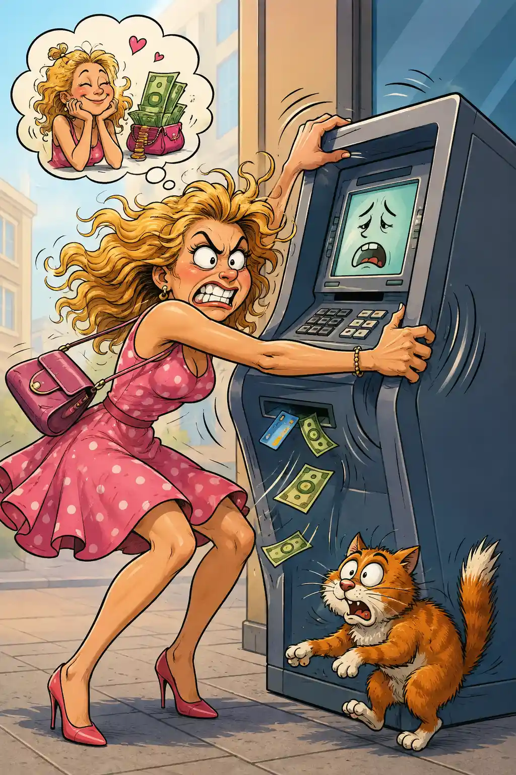Cartoon woman shaking an ATM in comic illustration style