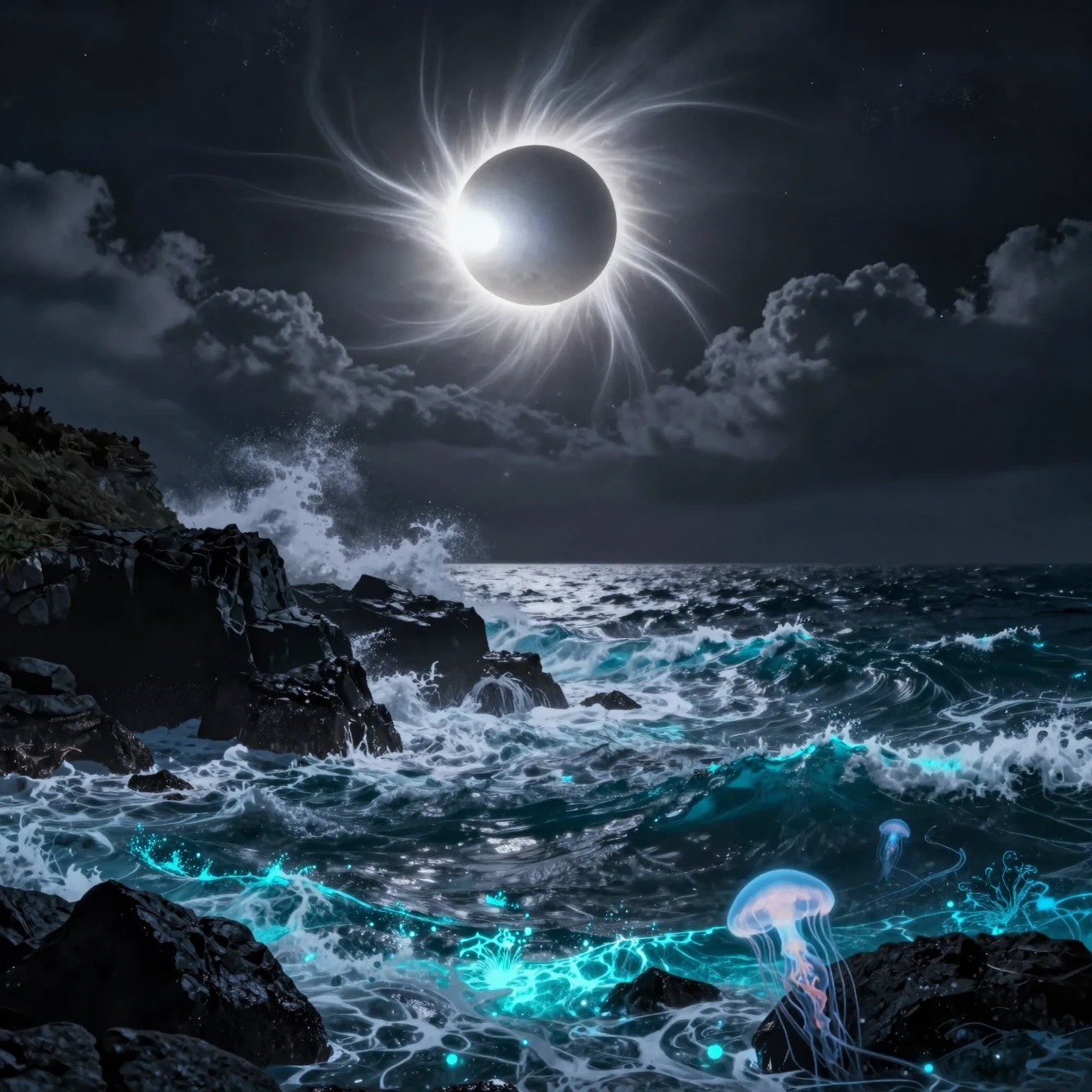 Eclissi solare totale sopra scogliere oceaniche bioluminescenti in tempesta