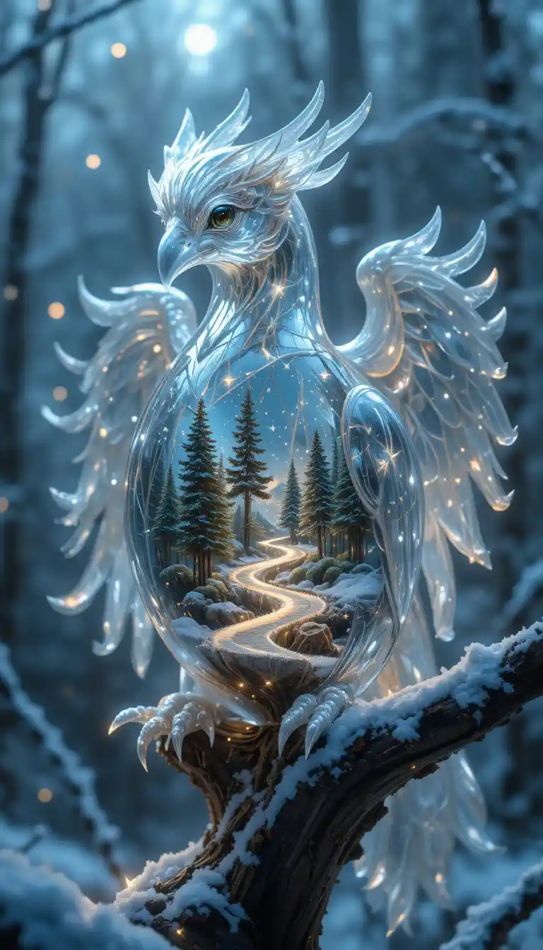 Glasgreif auf einem verschneiten Ast in der Nacht