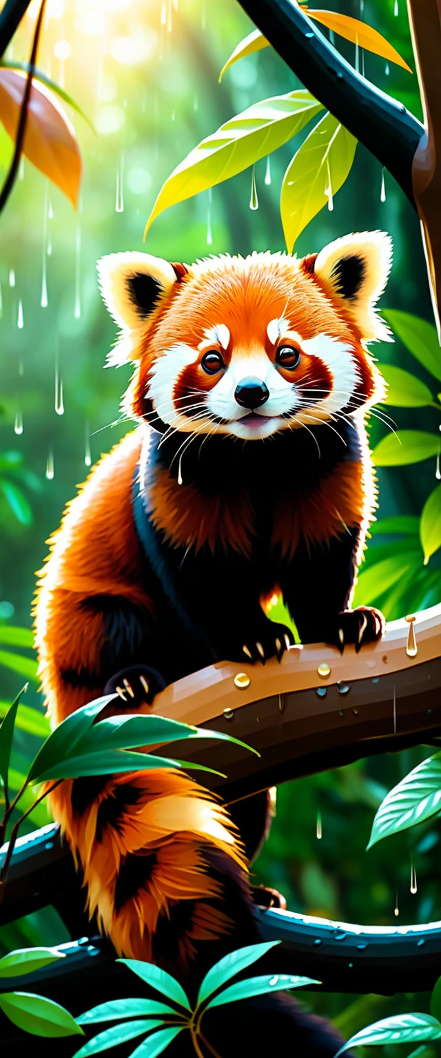 Niedlicher roter Panda unter einem Baum im regnerischen Dschungel