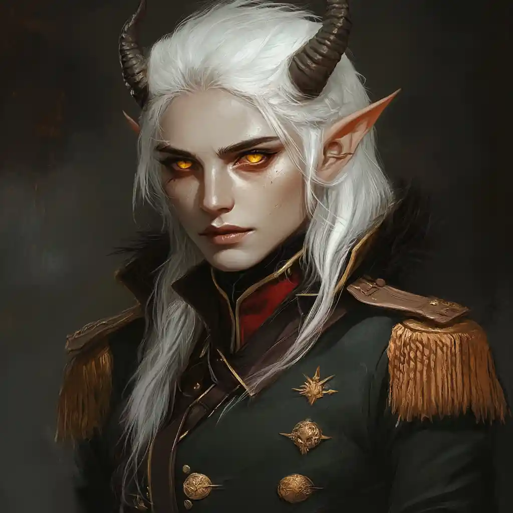 Mago tiefling de pelo blanco con abrigo de uniforme militar