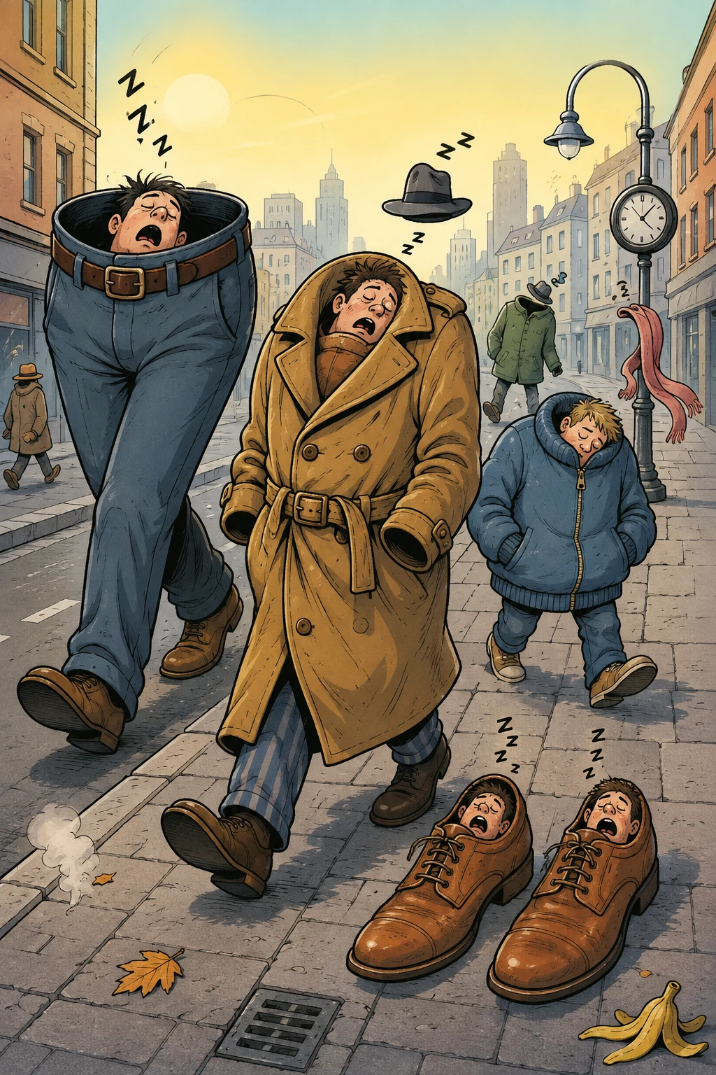 Sleepy people walking in coats and pants on city sidewalks