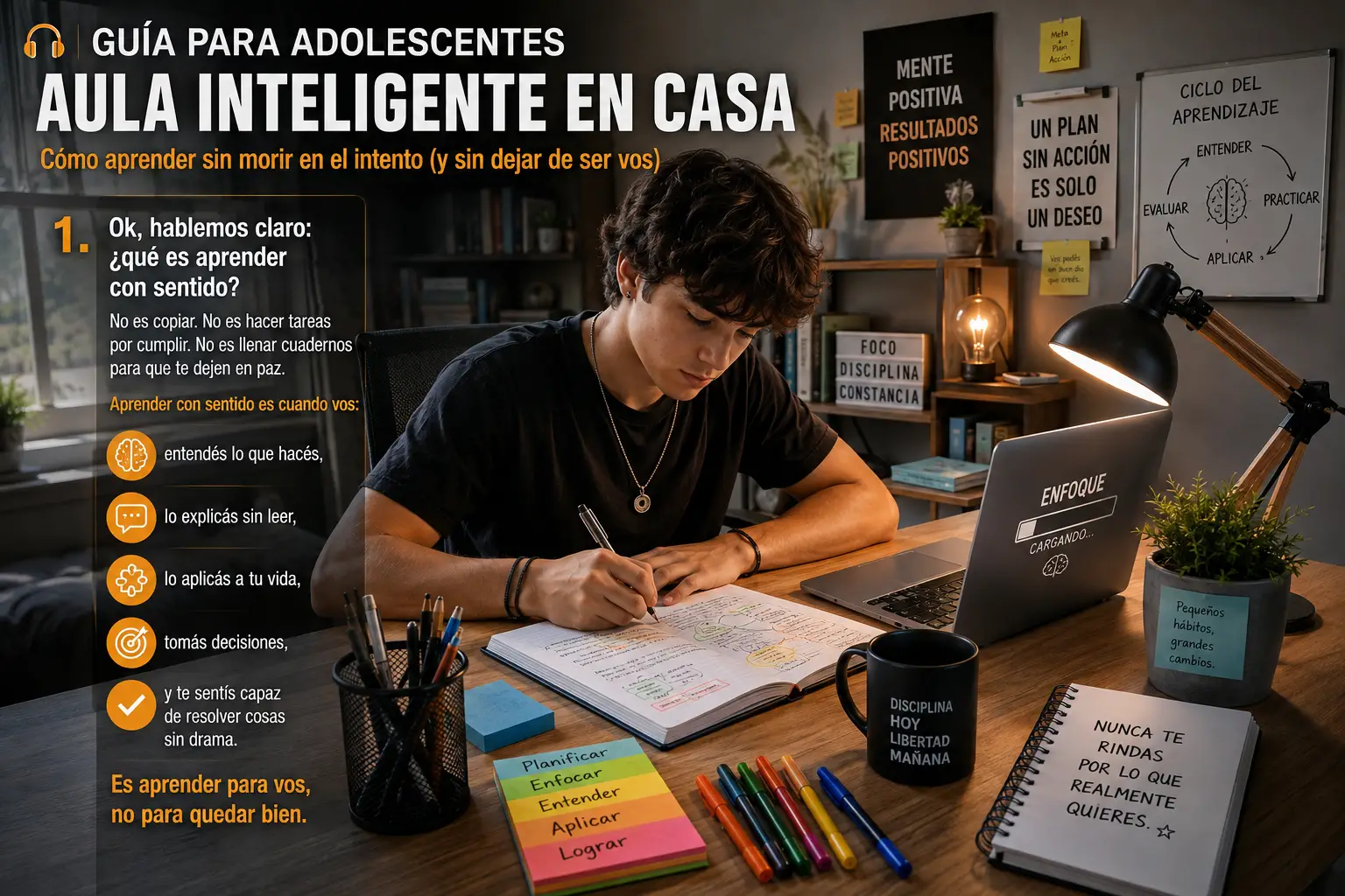 Póster colorido de guía de estudio para adolescentes sobre aprendizaje significativo