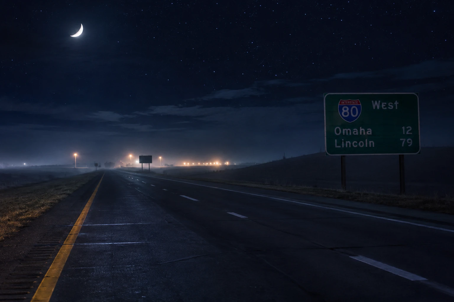 Desolate Nebraska highway under moonlit rural night sky