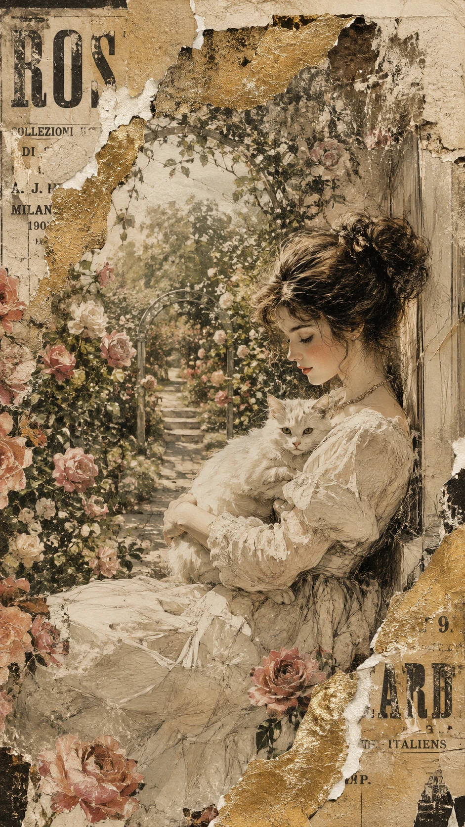 Elegant lady with white cat in a romantic rose garden