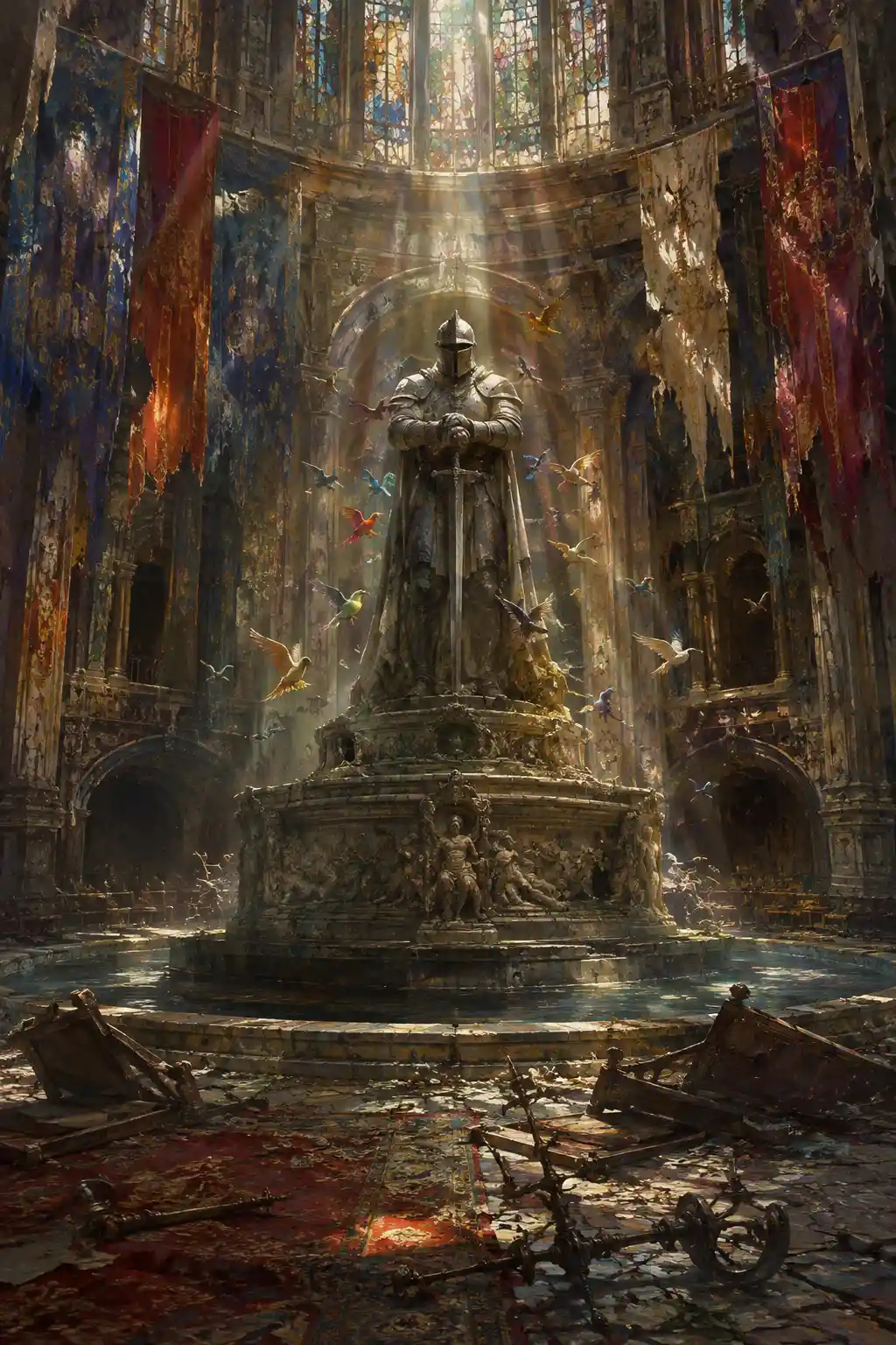 Grand abandoned tower lobby with knight statue and pond