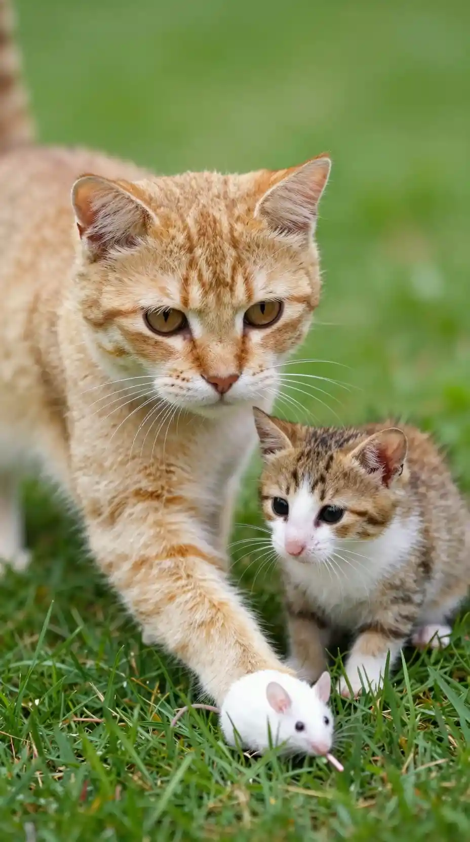 Gato adulto y gatito mirando a un ratón blanco sobre la hierba