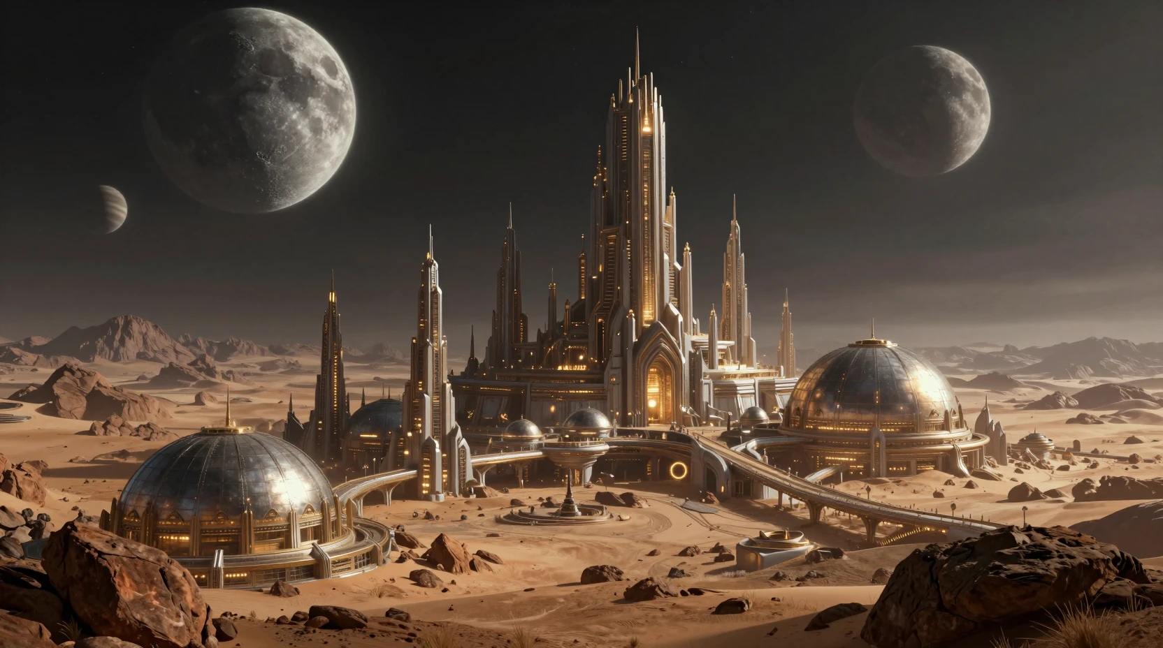 Ciudad alienígena futurista con agujas luminosas bajo cielos oscuros