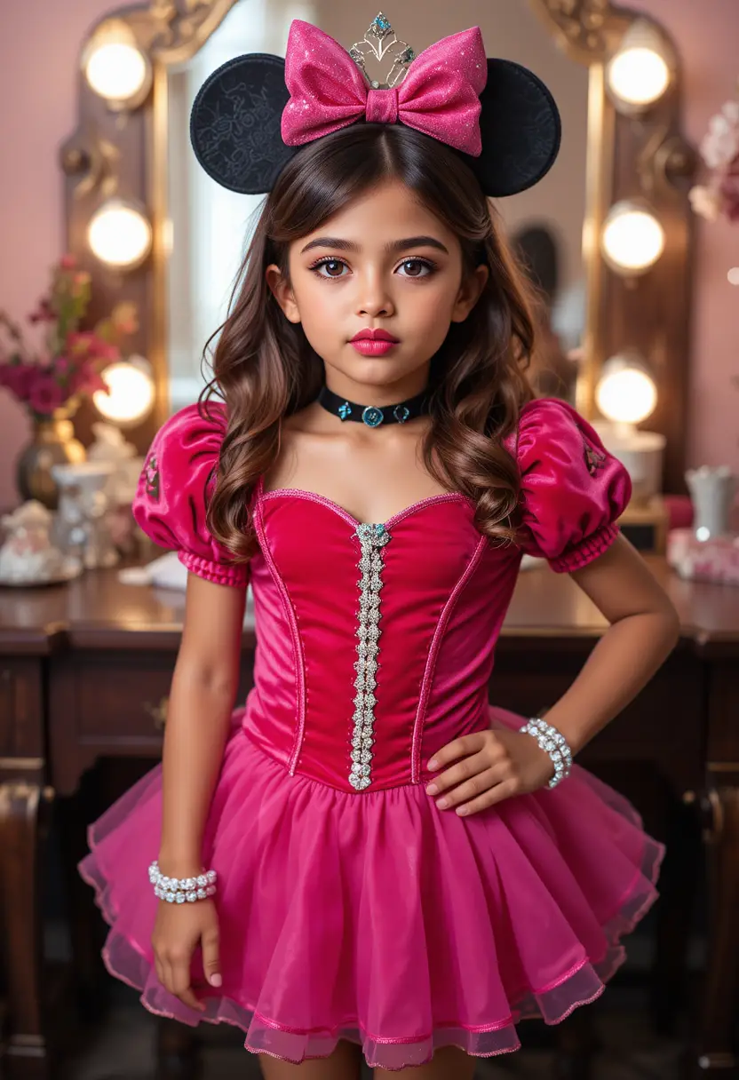 Jeune garçon en costume de princesse posant devant une coiffeuse