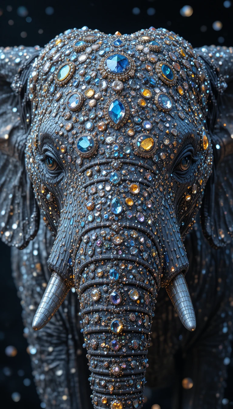 Close-up de rosto de elefante cravejado de joias com olhos dourados brilhantes