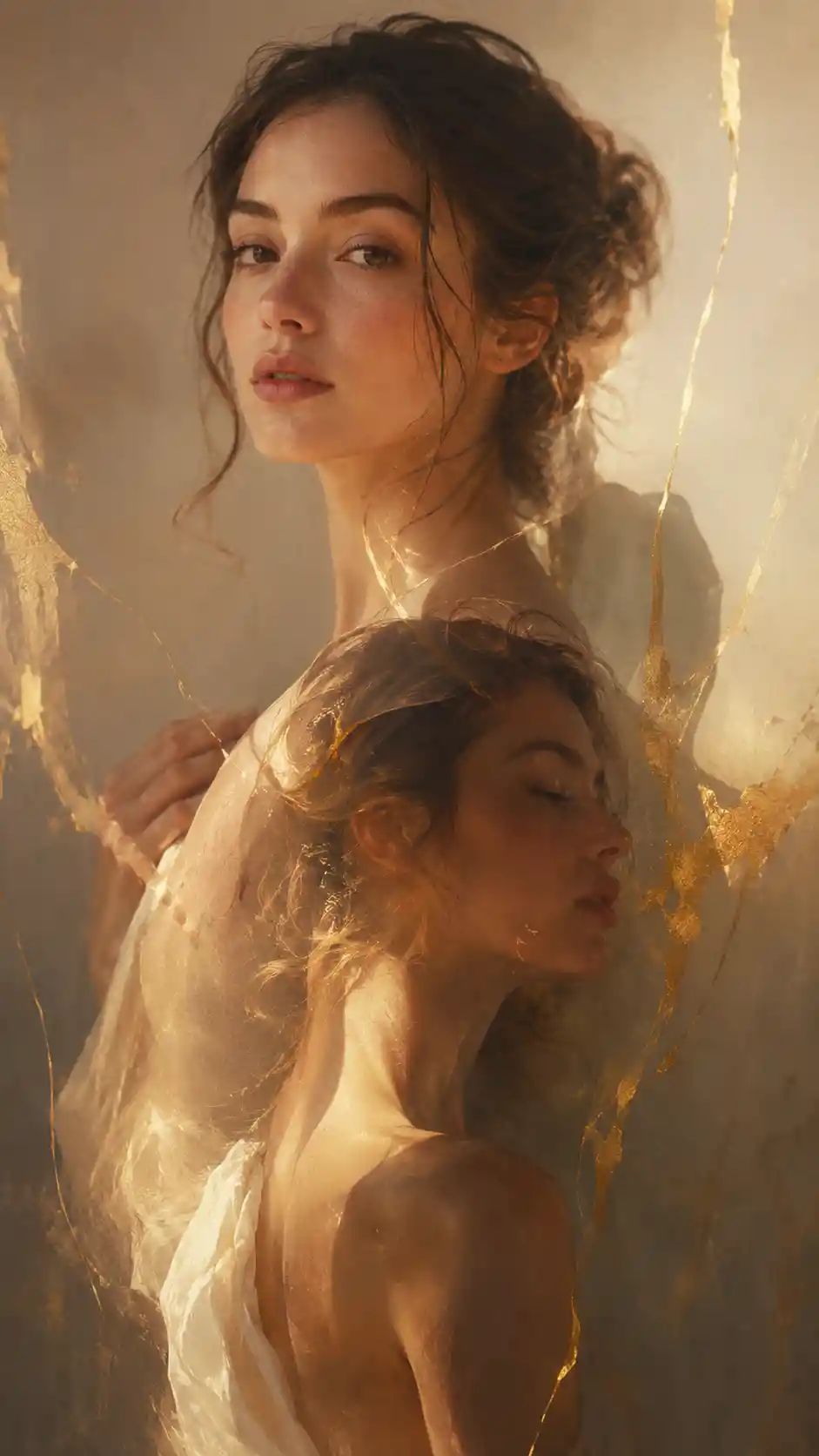 Double exposure portrait of two women in warm golden light