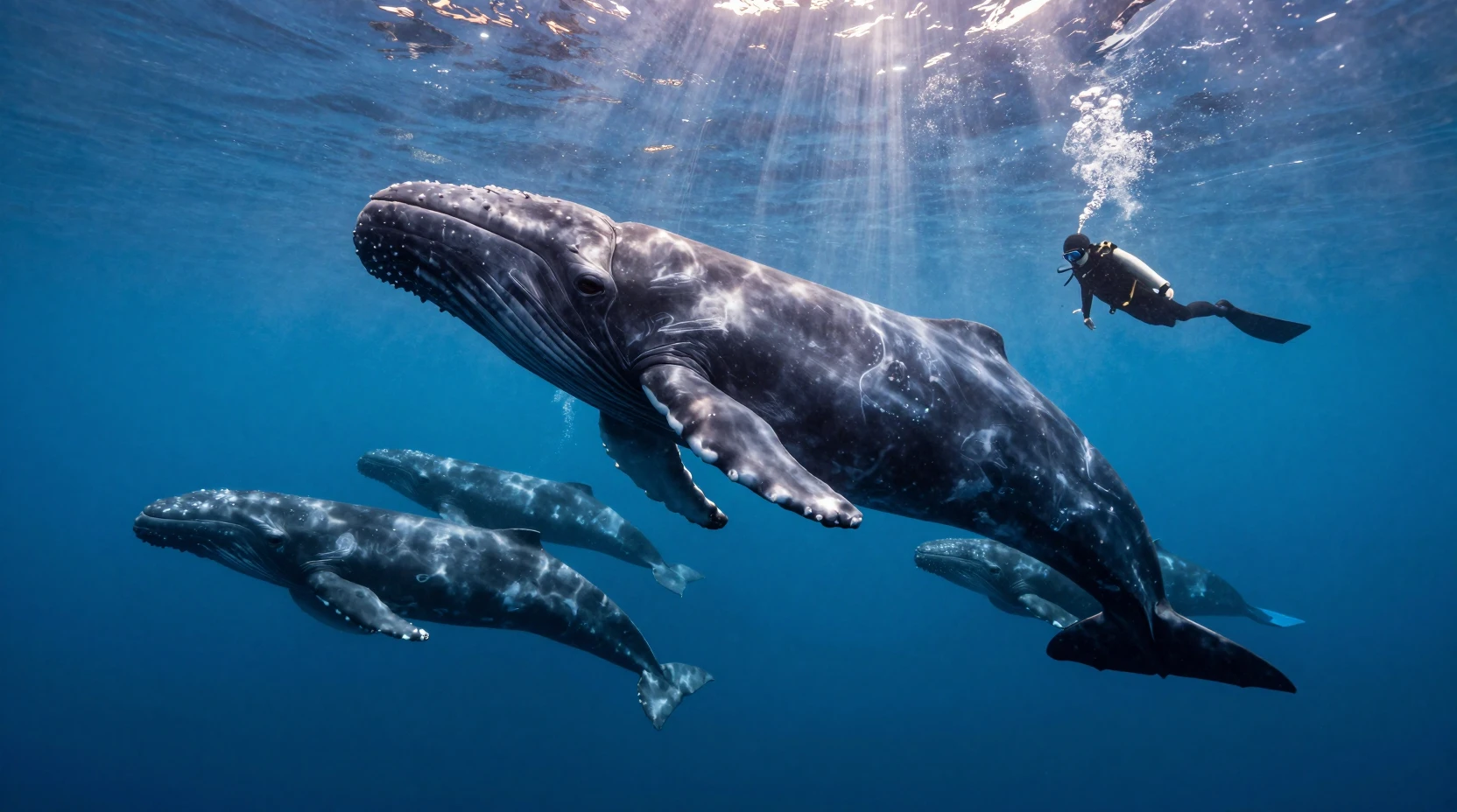 Scuba diver swimming beside massive sperm whales underwater