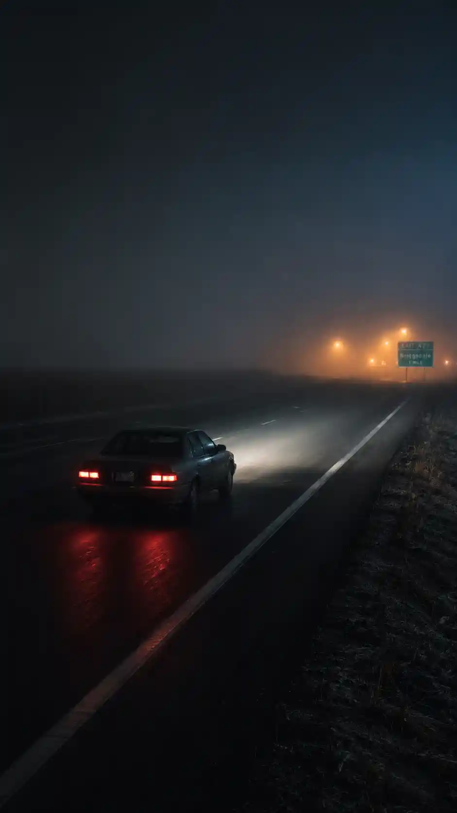 Einsames Auto auf nebliger Nebraska-Highway bei Nacht