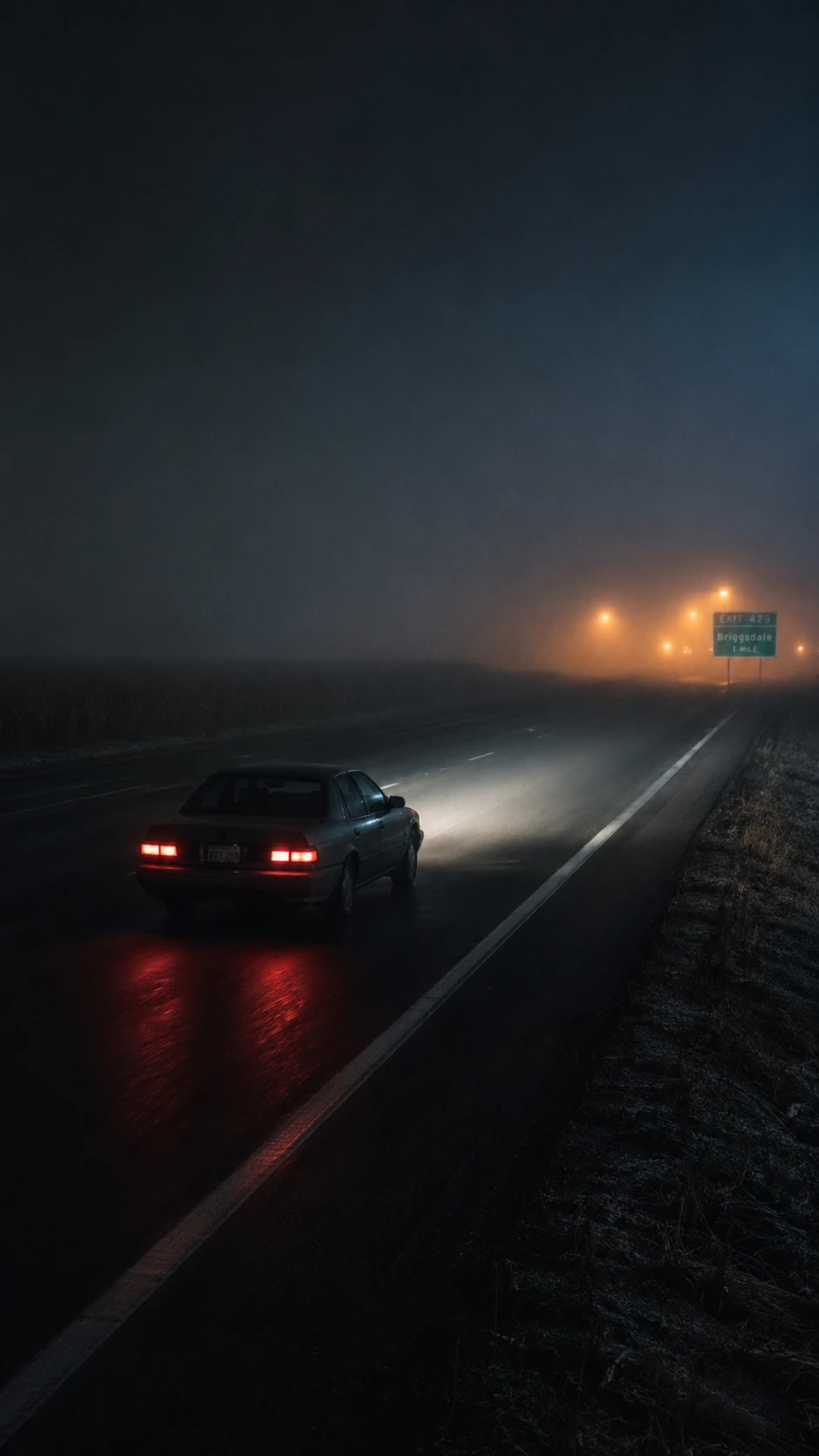 Coche solitario en una autopista brumosa de Nebraska de noche
