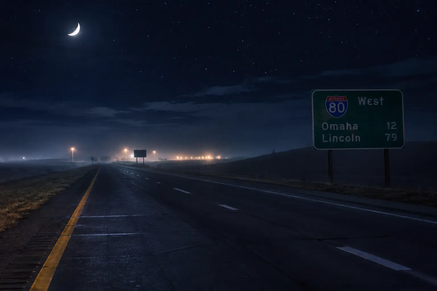 Carretera desierta de Nebraska bajo un cielo nocturno rural iluminado por la luna