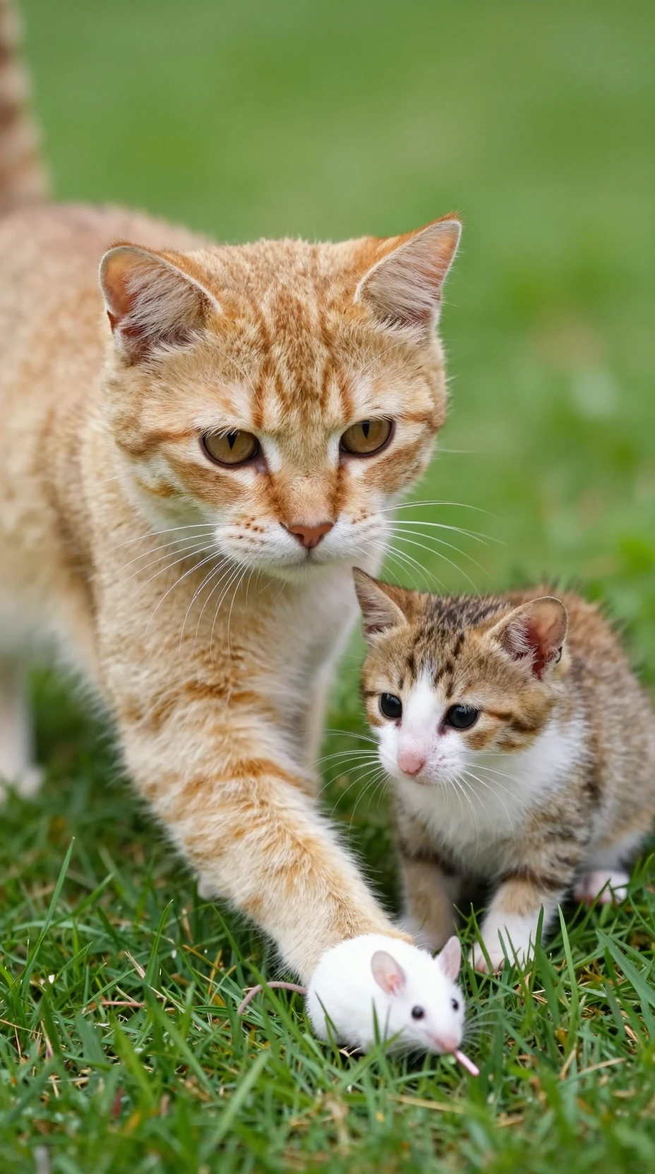 Gato adulto y gatito mirando a un ratón blanco sobre la hierba