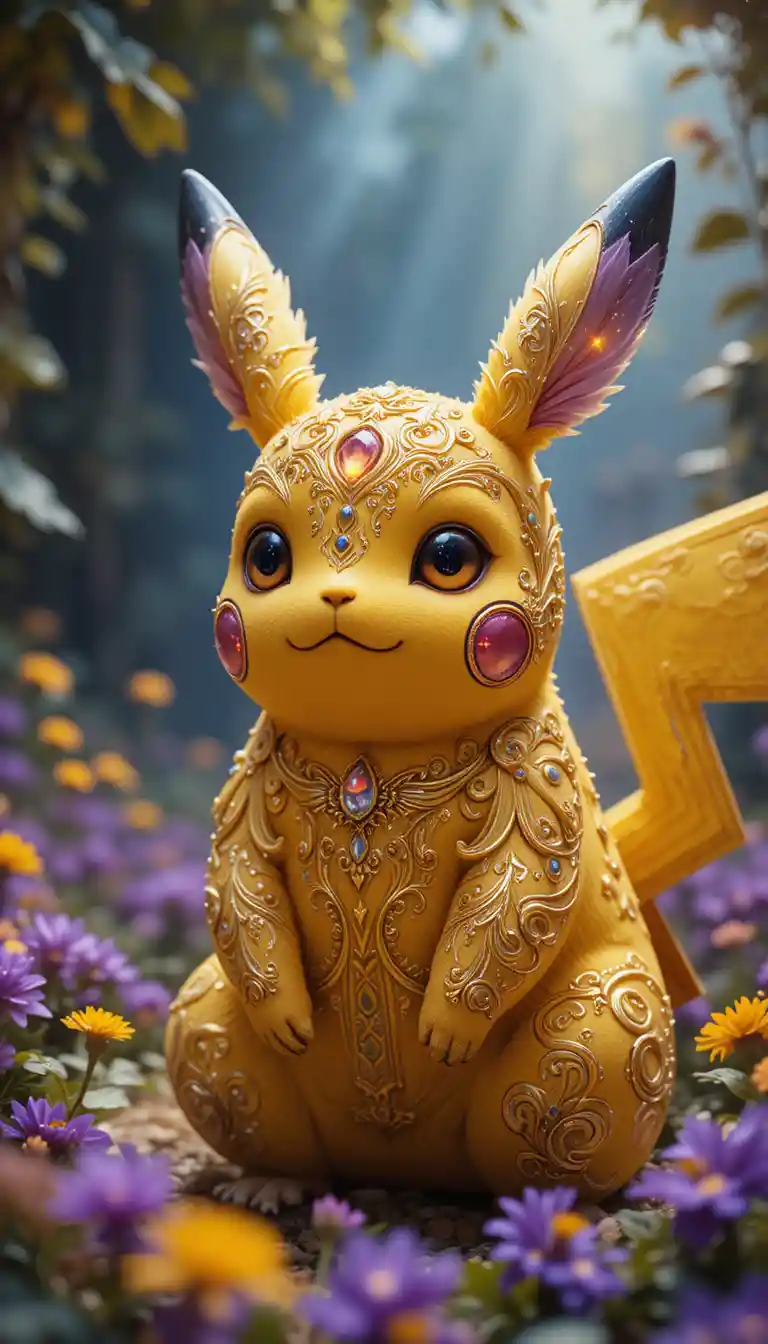 Golden filigree fantasy creature in a dreamy flower garden