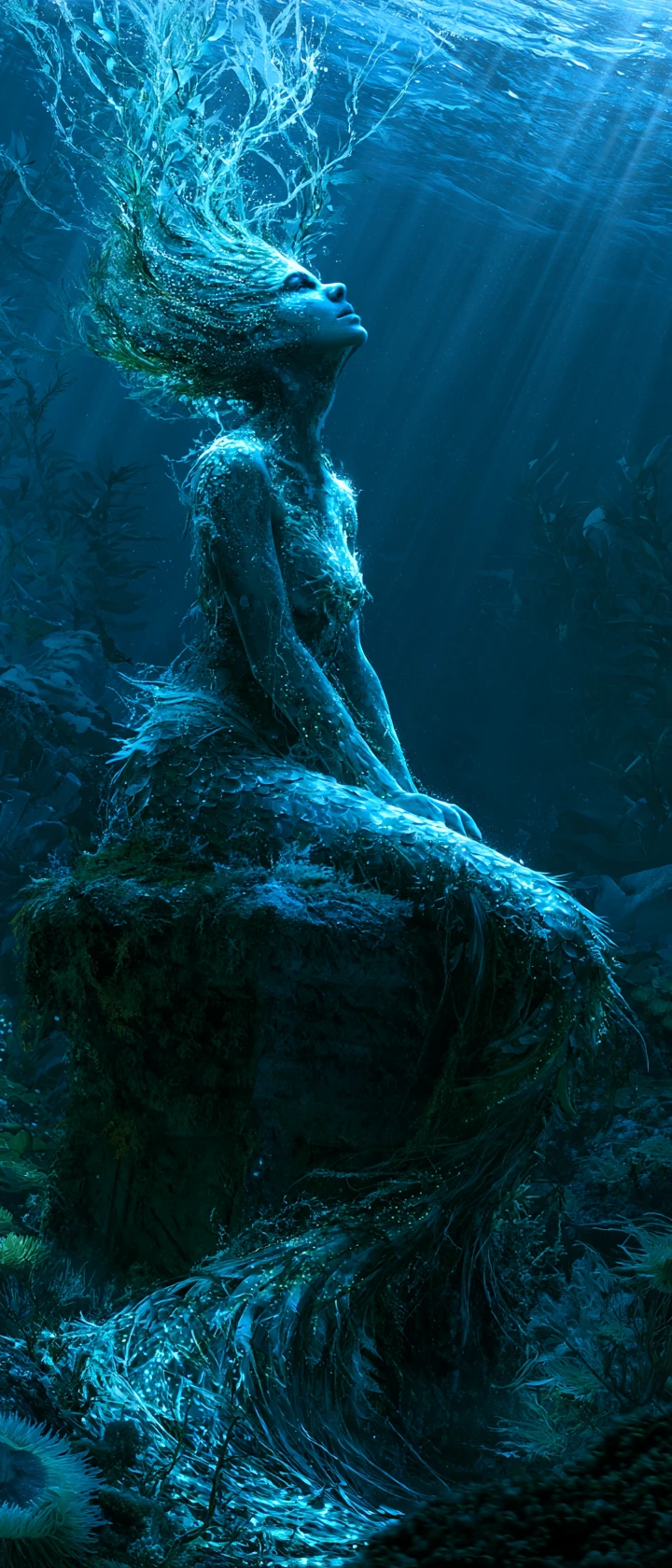 Ethereal mermaid resting on ancient stone in coral reef