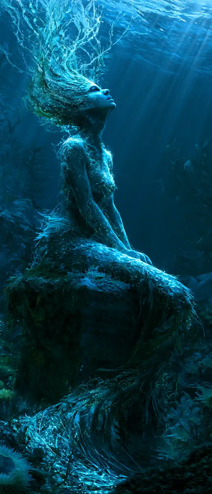 Sirena etérea descansando sobre una antigua roca en el arrecife de coral