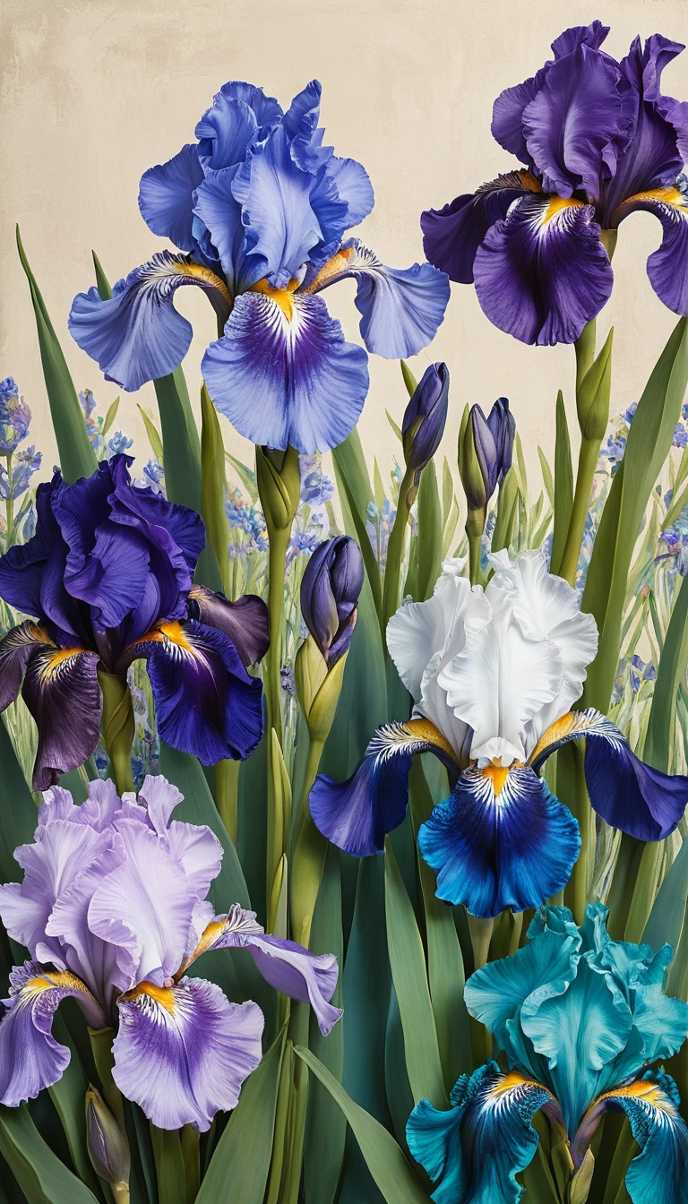 Rich oil painting of purple and blue irises in bloom