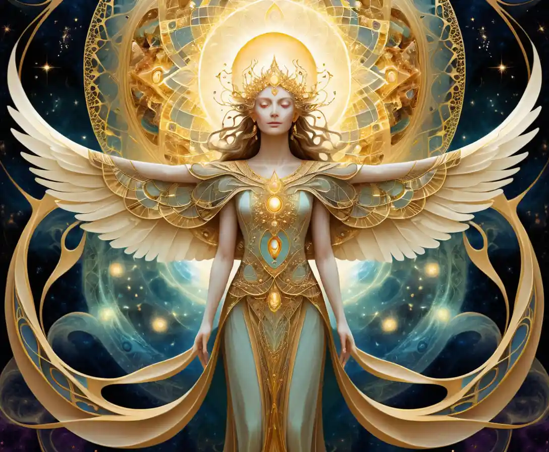 Tapiz fractal dorado que gira en un espacio abstracto etéreo