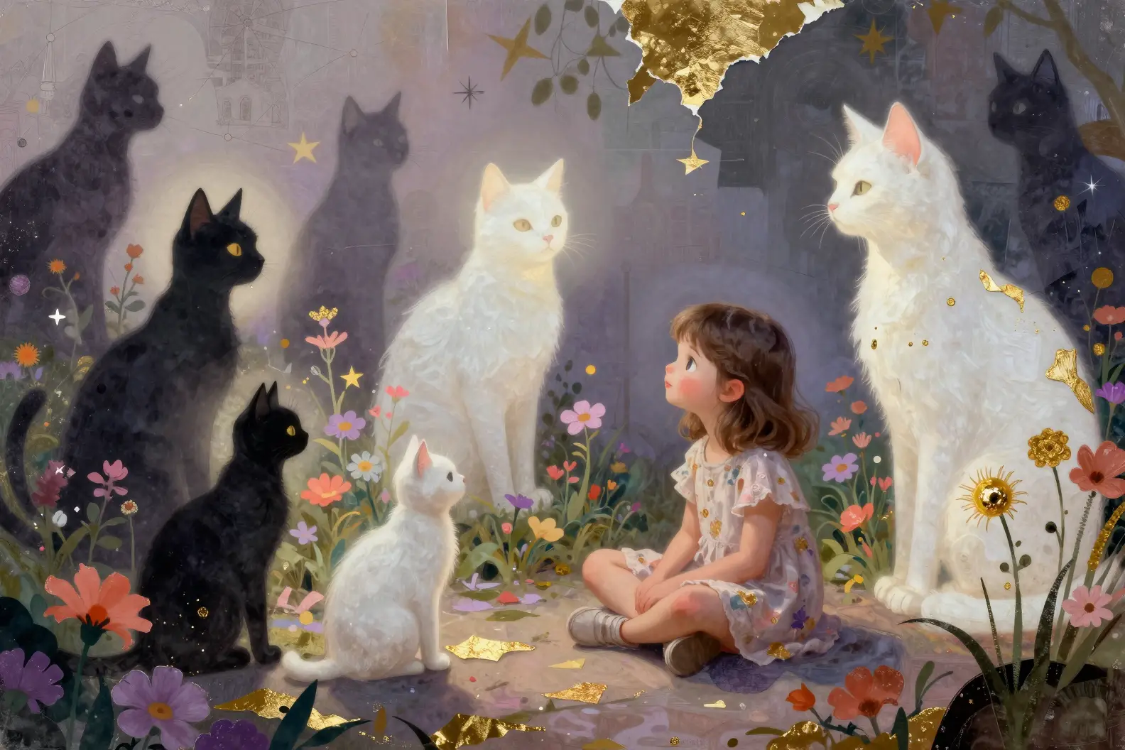 Girl talking with surreal cats in a glowing flower garden