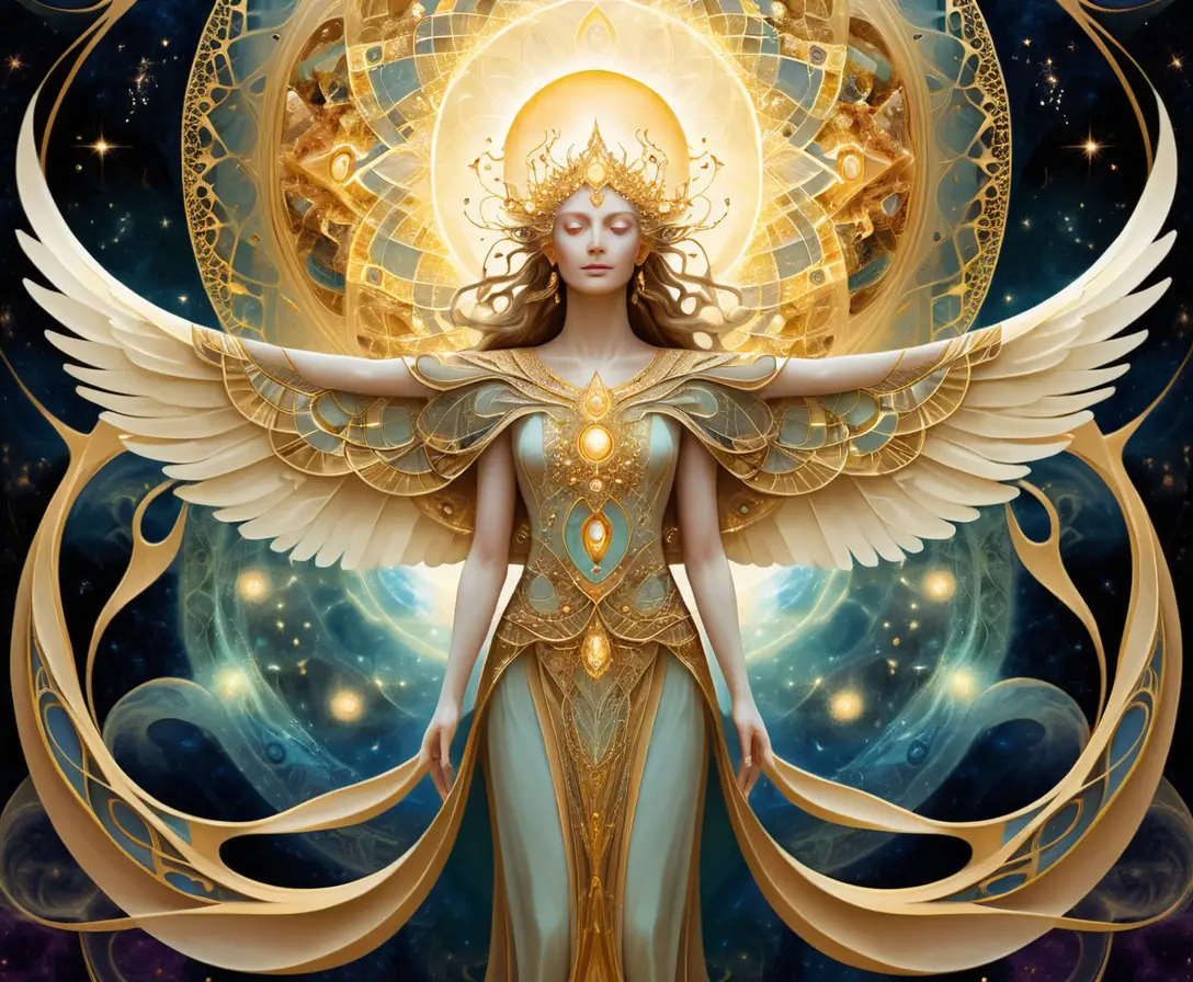 Tapiz fractal dorado que gira en un espacio abstracto etéreo