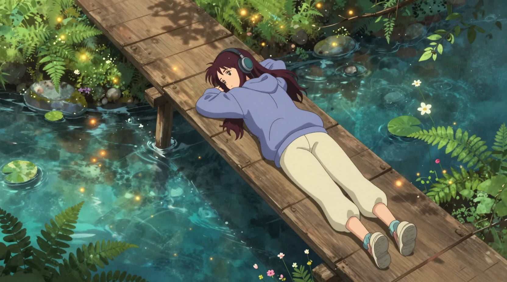 Mujer de anime descansando en un puente de madera sobre un arroyo del bosque