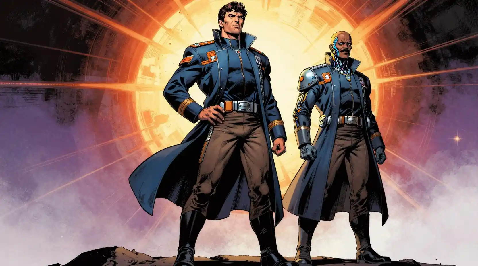 Heroic space officers in dramatic comic book style scene