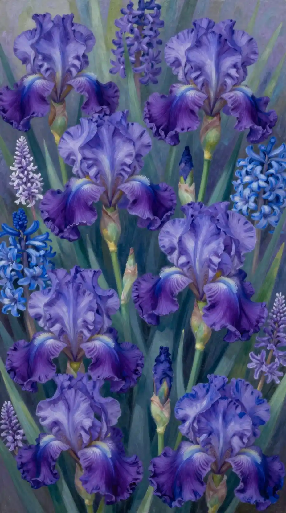 Rich oil painting of purple and blue iris flowers