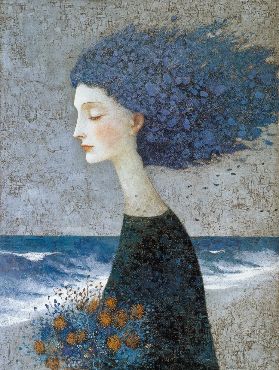 Surreal portrait of a joyful woman weaving flowers from sea foam