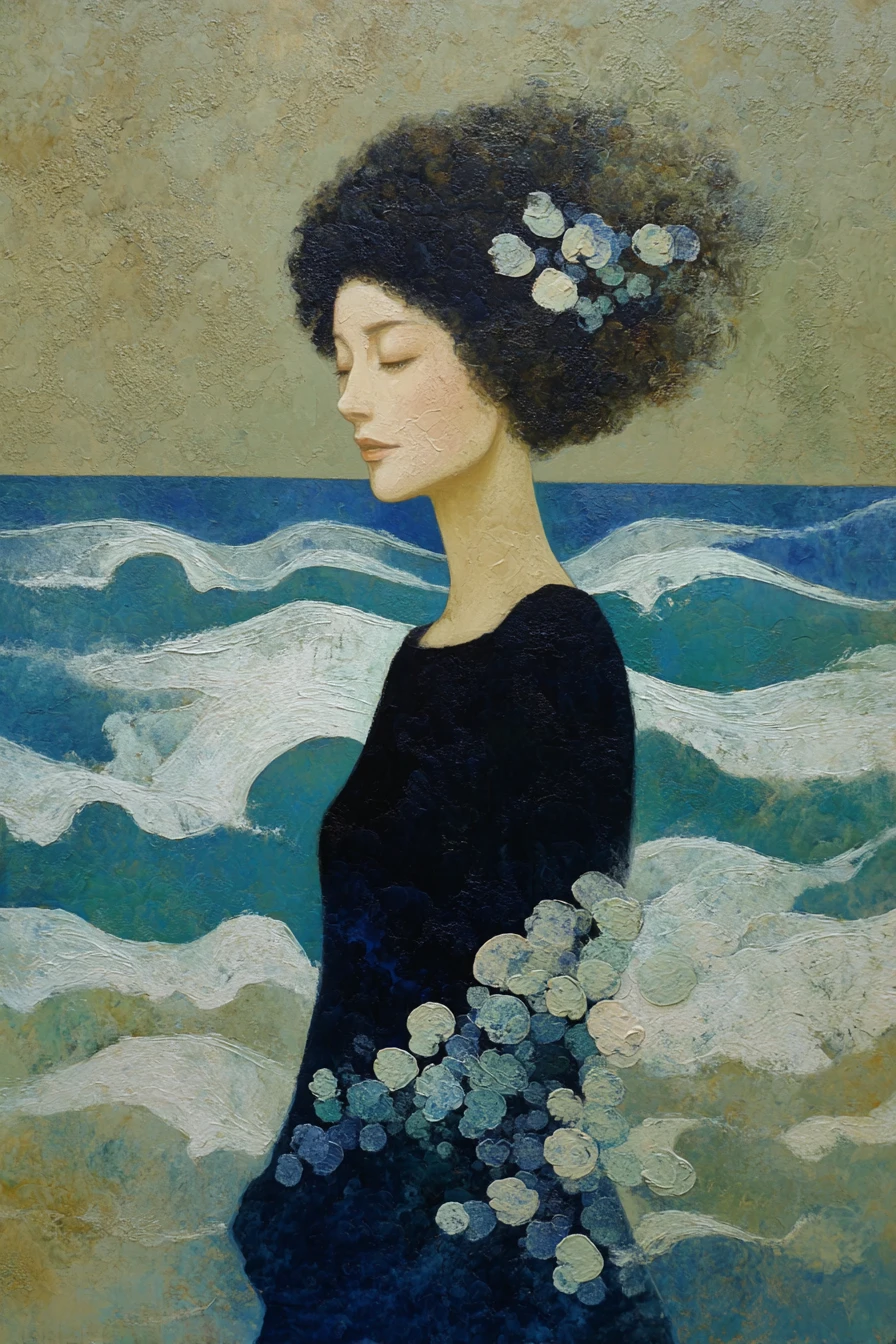Retrato surreal de una mujer mayor tejiendo flores desde el mar