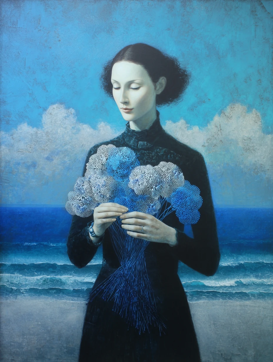 Femme âgée surréaliste tissant des fleurs à partir de la mer bleue