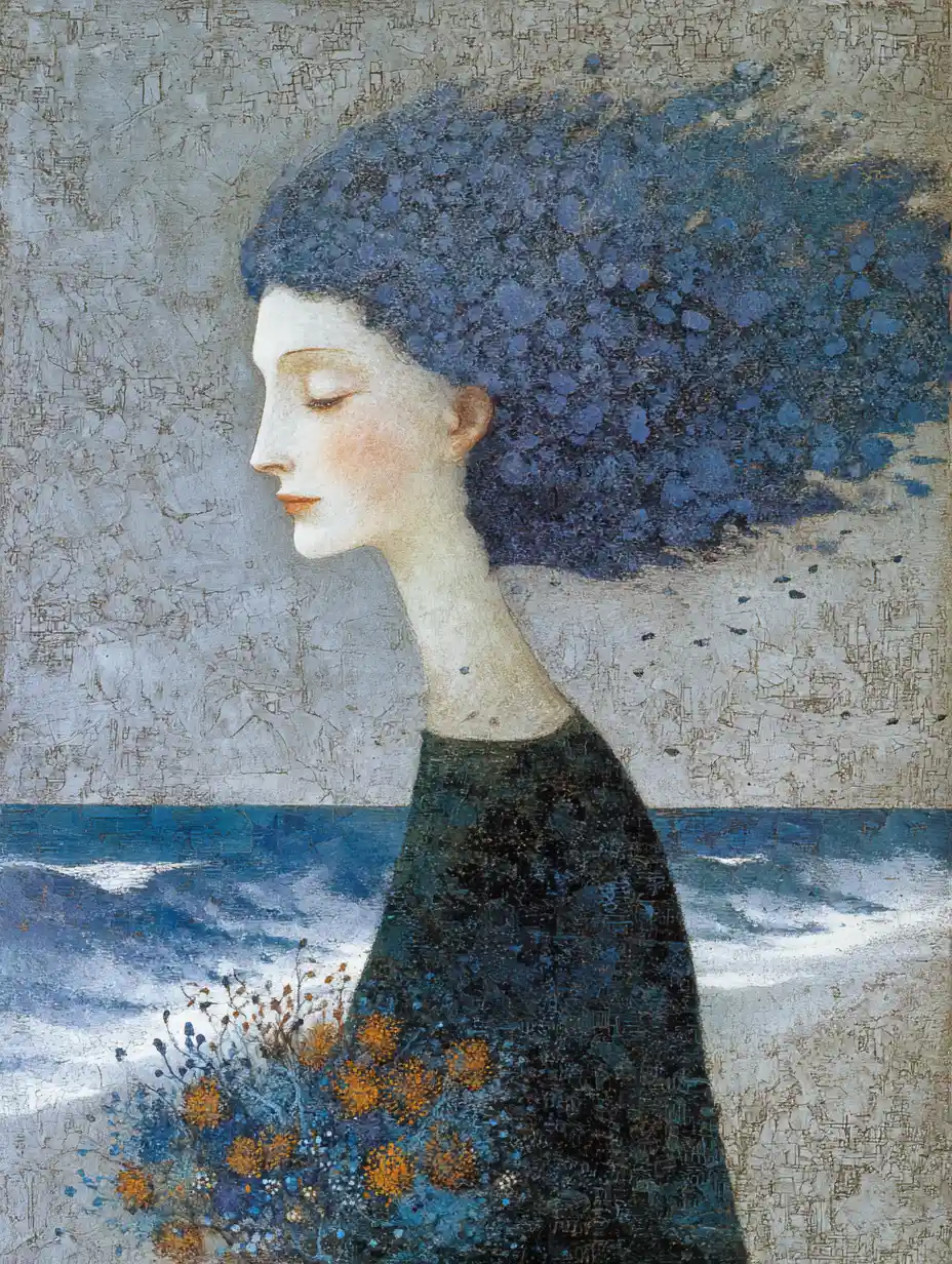 Surreal portrait of a joyful woman weaving flowers from sea foam