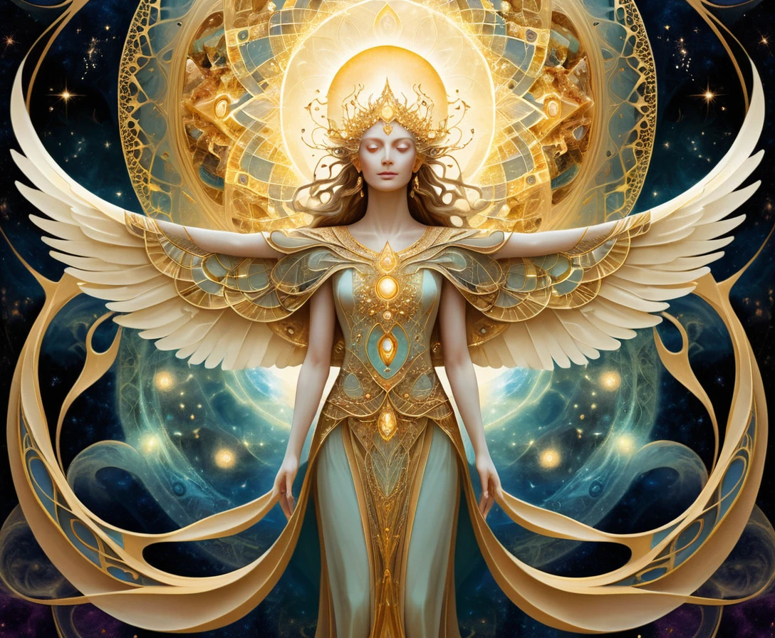 Tapiz fractal dorado que gira en un espacio abstracto etéreo