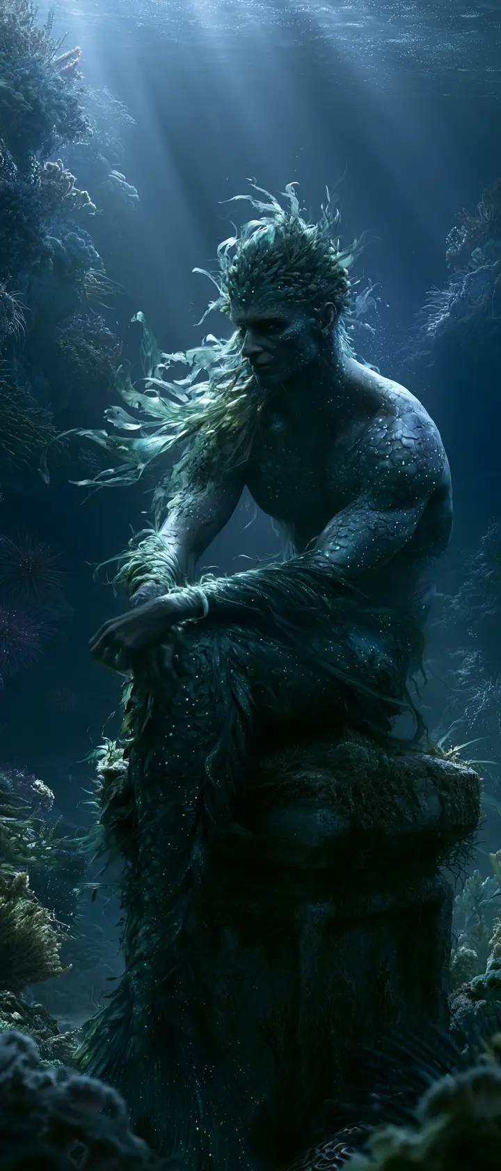 憂鬱人魚男子歇息在魔幻珊瑚礁中