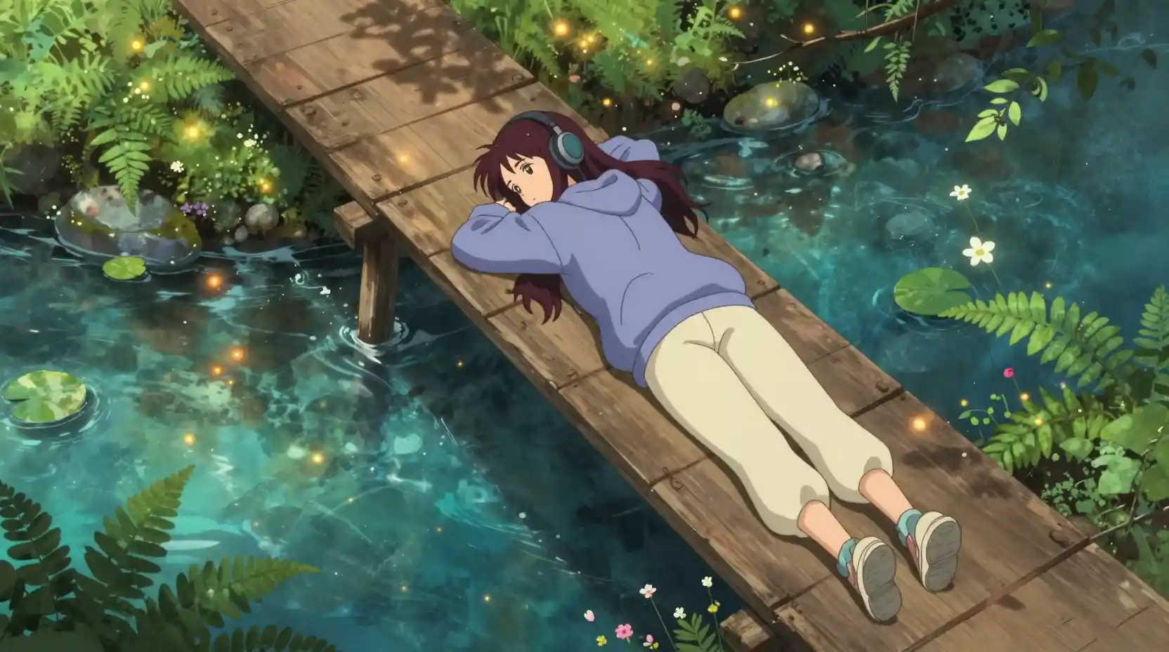 Mujer de anime descansando en un puente de madera sobre un arroyo del bosque