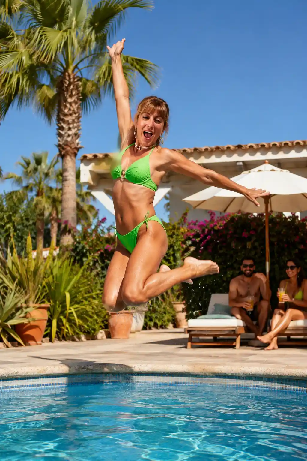 Woman in green beachwear jumping playfully into a pool