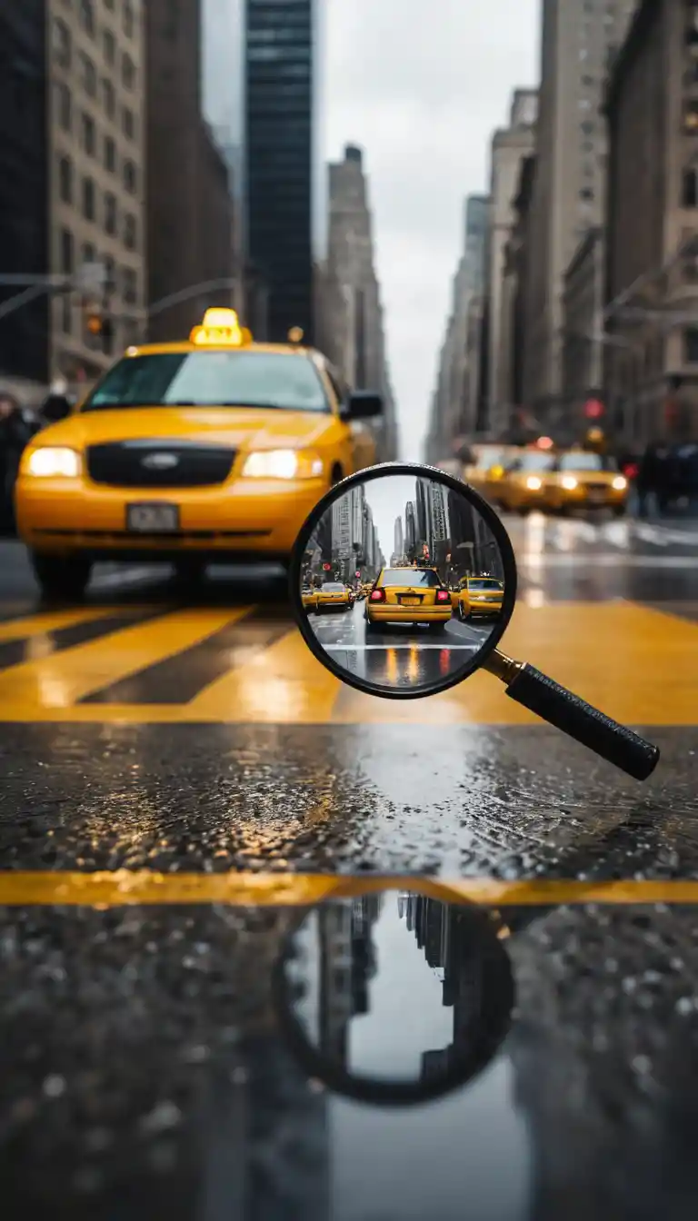 Yellow taxi framed through a hand held magnifying glass
