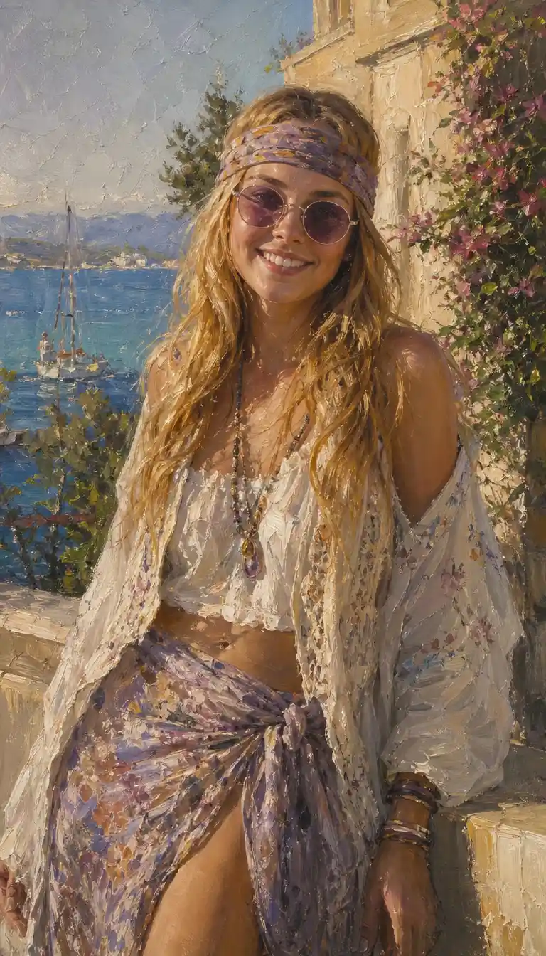 Young hippie woman posing in bright mediterranean sunlight