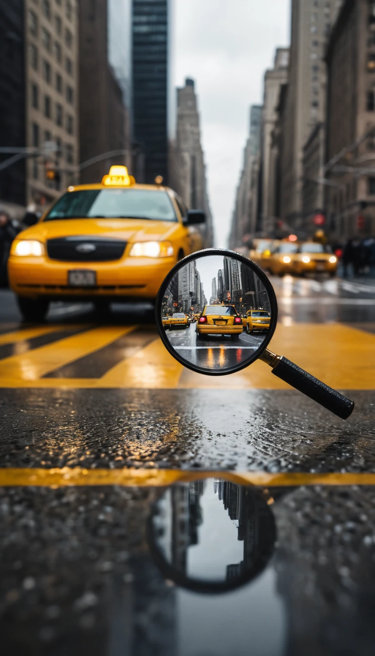 Taxi amarillo enmarcado a través de una lupa de mano