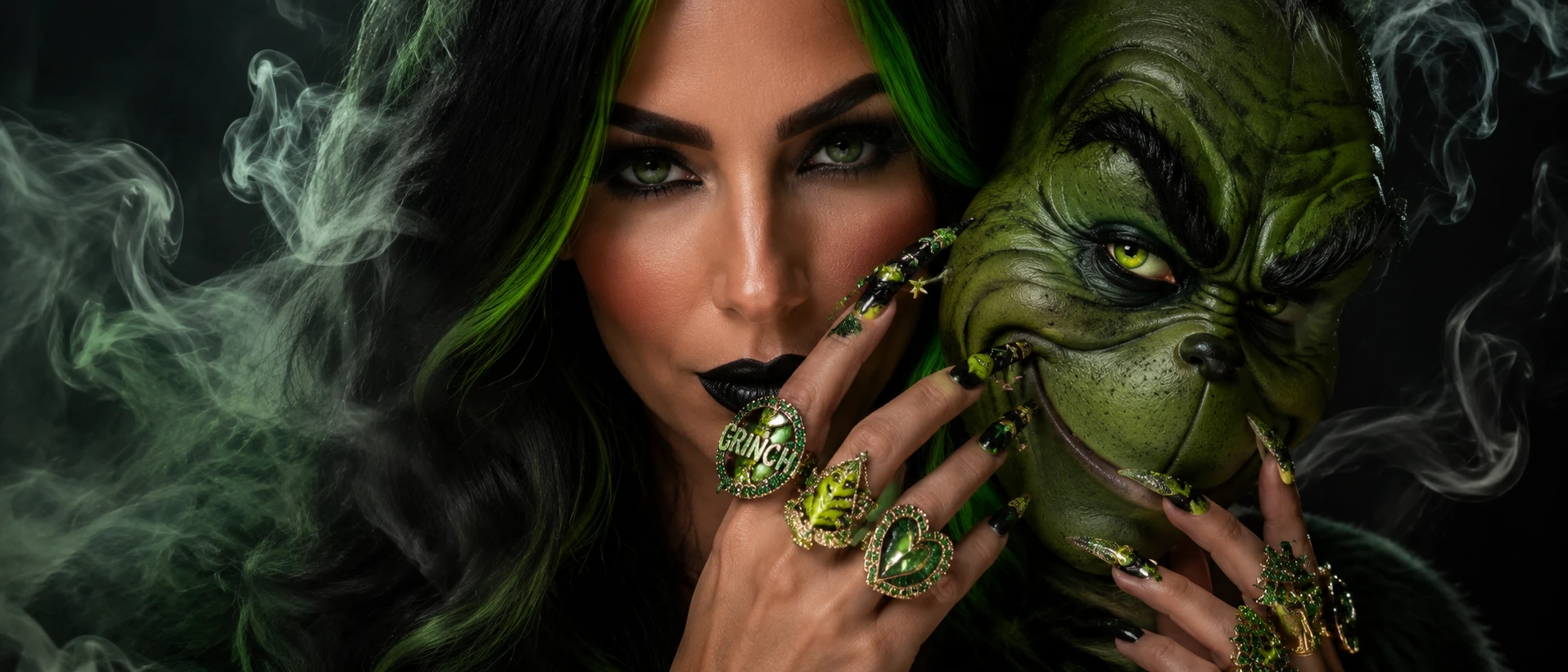 Ritratto cinematografico di donna con maschera del Grinch e mani ornate di gioielli