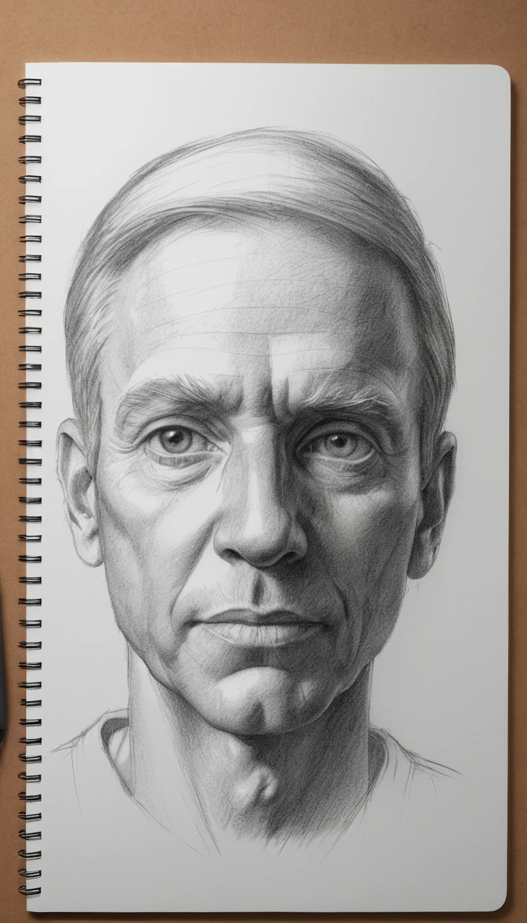 Boceto a lápiz de un rostro en cuaderno con referencia en el smartphone