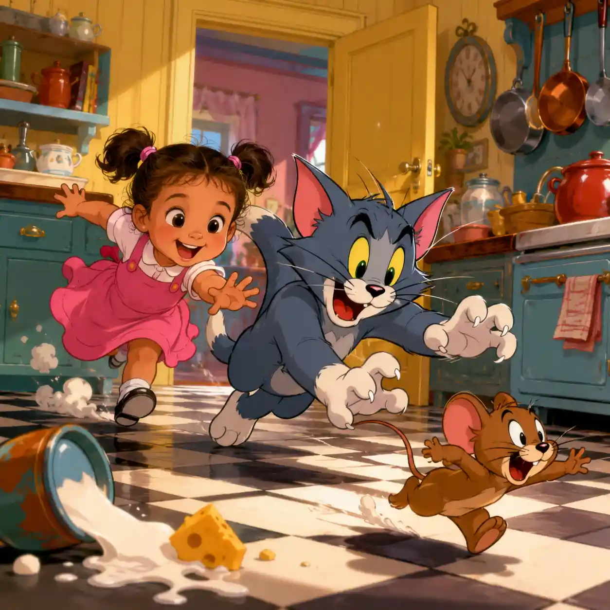 Mischievous cartoon cat and toddler chasing a clever mouse
